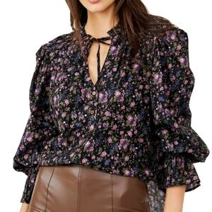 Free People Floral Smocked Sleeve Peasant Blouse Black Pink Boho L